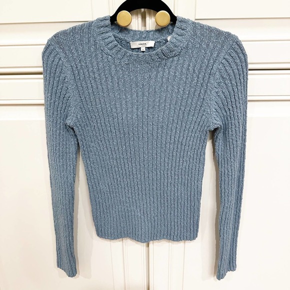 Vince Women's Blue Textured Rib Linen Cotton Pullover Crewneck Sweater - Picture 2 of 9